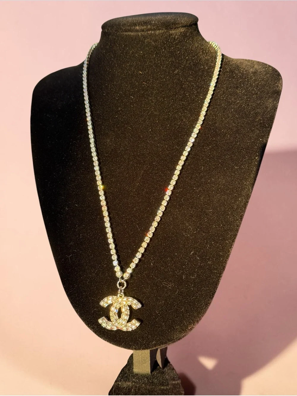 CHANEL Silver Crystal CC Pendant Tennis Chain Necklace